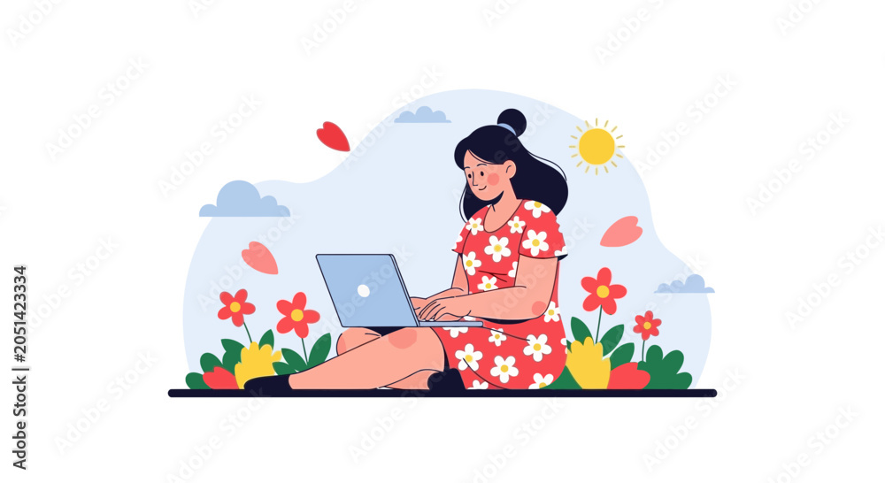Fototapeta premium Woman in a floral dress working on a laptop outdoors surrounded by flowers and sunshine, flat illustration style.