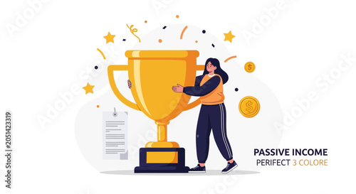 Woman Celebrating Success with Golden Trophy, Representing Achievement, Winning, and Passive Income