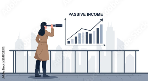 Woman with Telescope Looking at Passive Income Growth Chart Over City Skyline