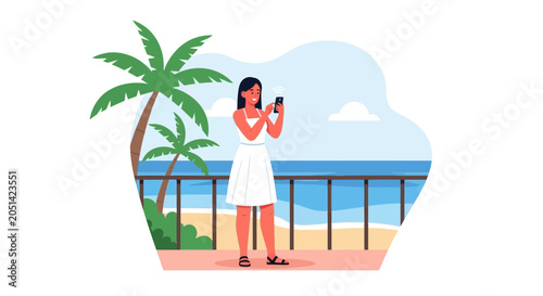 Woman with smartphone on tropical beach balcony enjoys vacation and connectivity