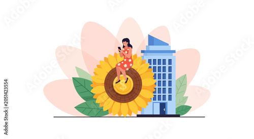 Woman with Smartphone on Sunflower Coin next to Modern Office Building, Symbolizing Financial Growth and Digital Banking