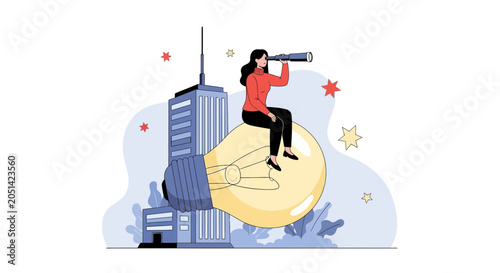 Woman with telescope on lightbulb, symbolizing future vision, innovation, and new ideas, with cityscape background.