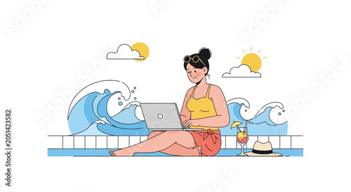 Woman working on laptop by the ocean waves, enjoying a summer vacation with cocktails and a hat.