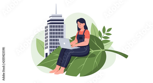 Woman working on laptop on a giant leaf with a skyscraper and green foliage in the background.