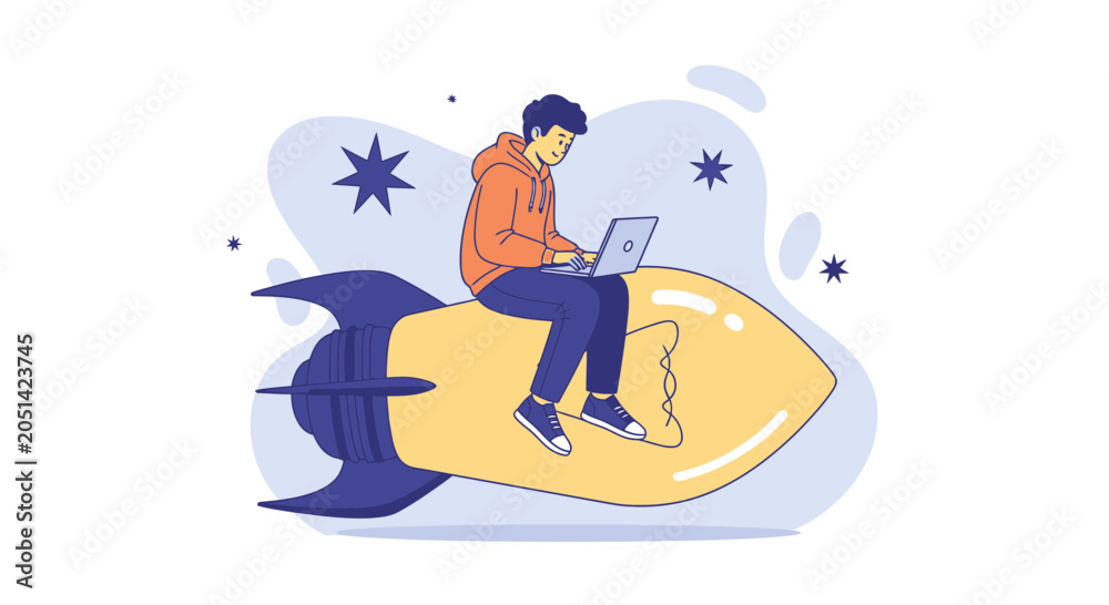Obraz premium Young man working on laptop riding a rocket through stars