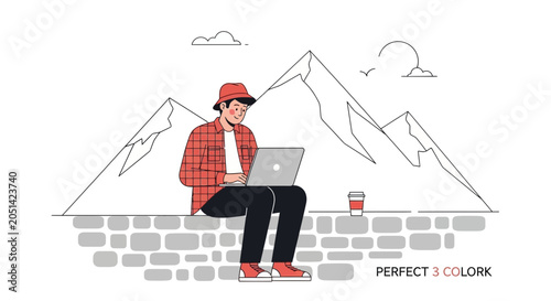 Young man with laptop and coffee working remotely in mountains, minimalist line art illustration
