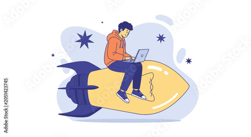 Young man working on laptop riding a rocket through stars