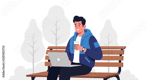 Young man working on laptop on park bench with coffee, flat design illustration