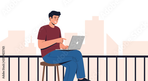 Young Man Working Remotely on Laptop on Balcony with Cityscape Background