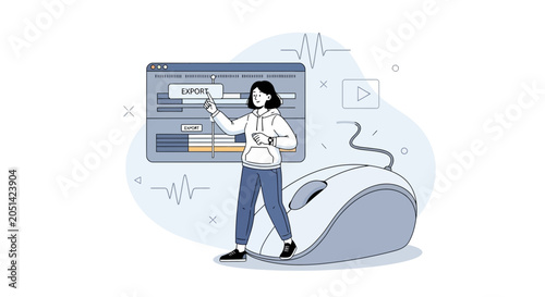 Young woman interacting with digital interface, pressing export button on editing software, concept for technology and video production.