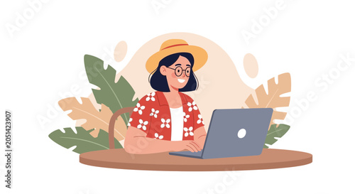 Young Woman in Tropical Shirt and Hat Working on Laptop Outdoors Amidst Lush Foliage