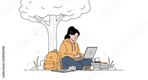 Young woman studying outdoors with laptop under a tree, surrounded by books and backpack.