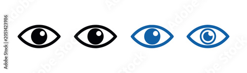 Minimalist human eye vector set displaying black outline and solid blue filled styles for graphics.