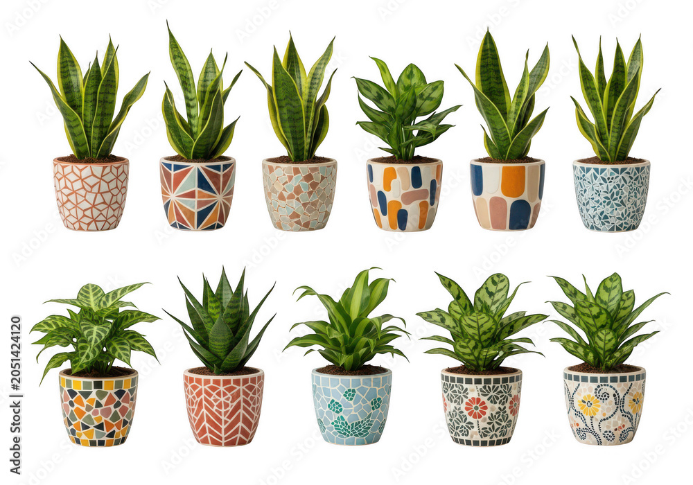 Fototapeta premium Collection of eleven potted houseplants with diverse decorative patterned ceramic pots and green foliage isolated on a transparent background