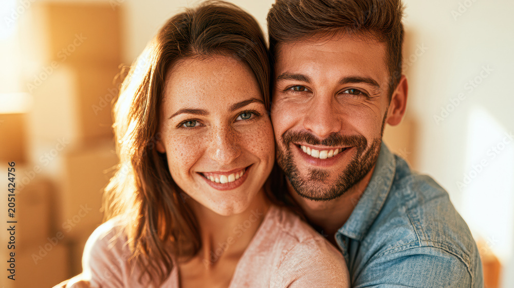 Fototapeta premium A happy young couple smiling closely together indoors, radiating warmth and affection in a cozy, softly lit environment.