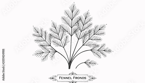 Фотография Very beautiful black-and-white engraved vector illustration featuring fennel fro