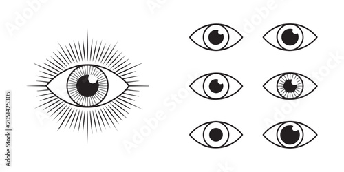 Foto Mystical eye with rays and modern eye variations for spiritual occult and creative design