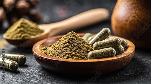 Green herbal supplement powder and gelatin capsules in wooden bowls and spoons on a dark surface