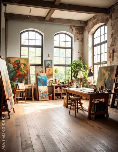 Spacious art studio with large windows