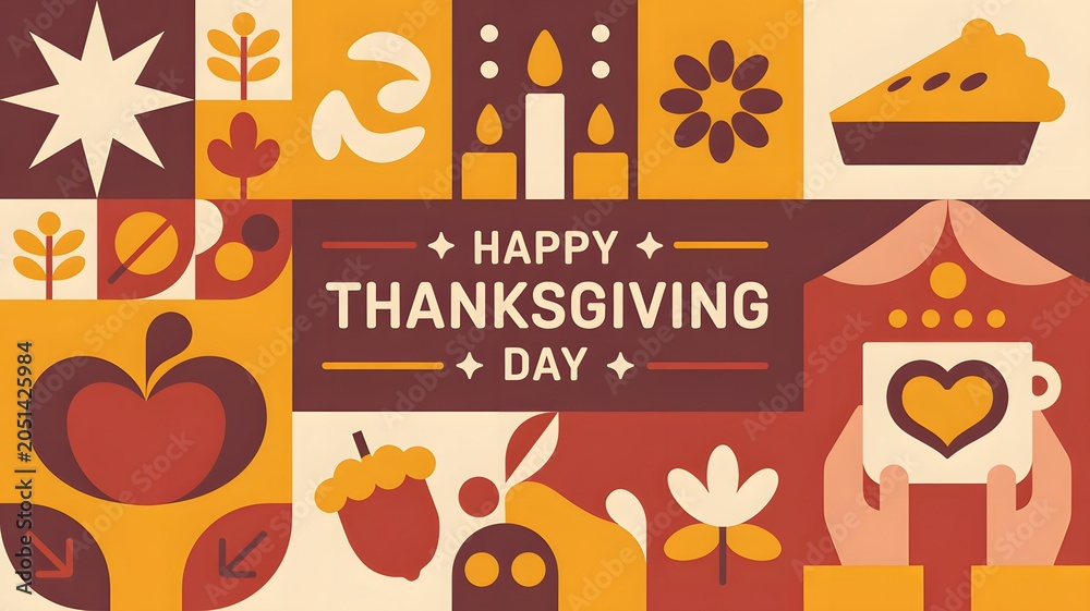 Fototapeta premium Happy thanksgiving day greeting card design with geometric autumn icons and fall symbols