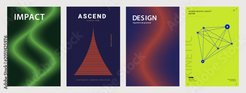Set of modern abstract geometric poster templates with halftone dot textures, vibrant colors, and wireframe network vector