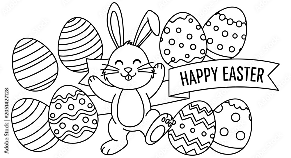 Fototapeta premium Easter eggs and bunny illustration black and white line drawing with festive banner