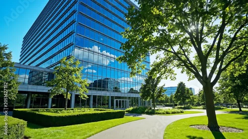 Modern glass office building exterior with landscaped park and sunny sky