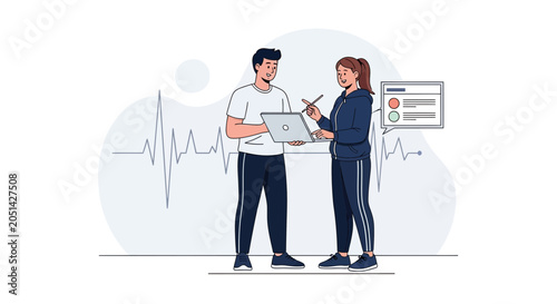 Digital Health Coaching: Fitness Trainer and Client Discussing Progress on Laptop with Heartbeat Graph