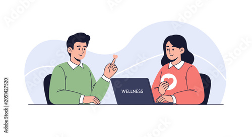 Digital Wellness Consultation: Man and Woman Discussing Health and Well-being with Laptop