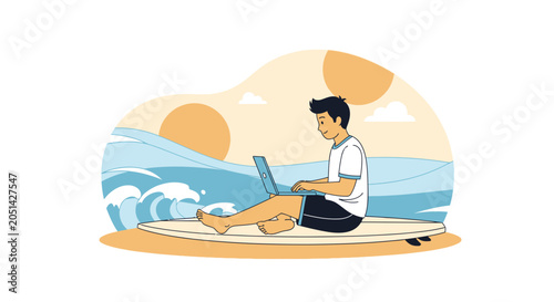 Digital Nomad Surfing with Laptop on Beach