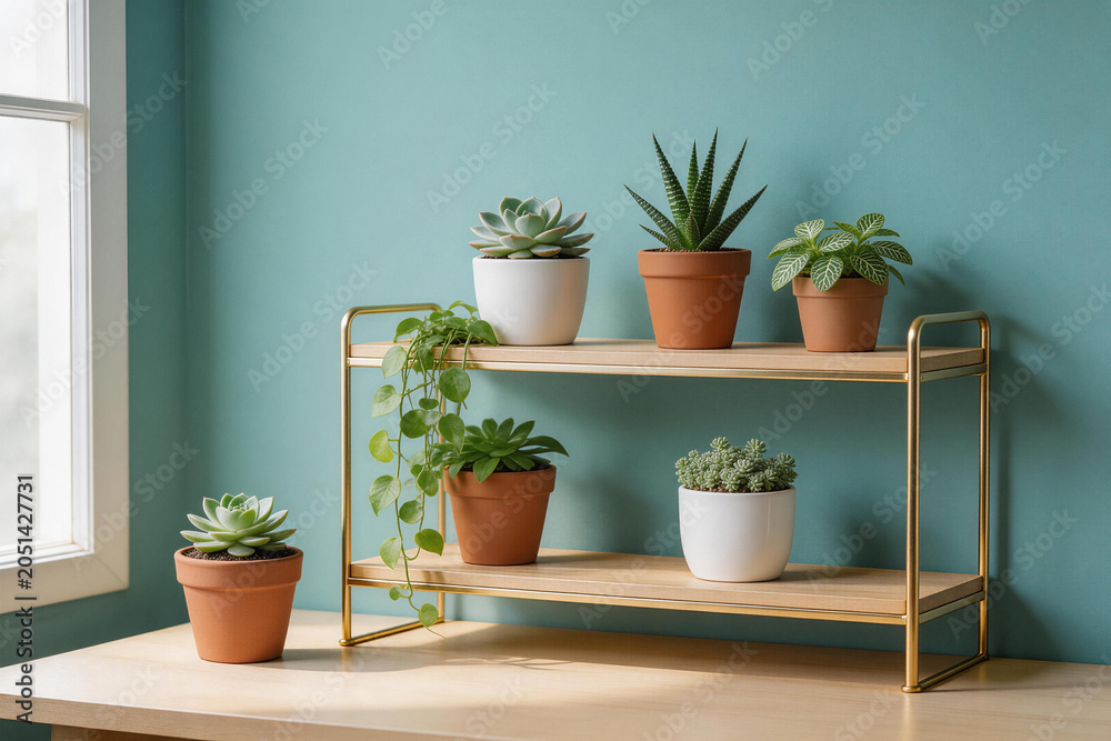 Fototapeta premium Indoor succulent and houseplants on wooden shelves by window in minimalist room