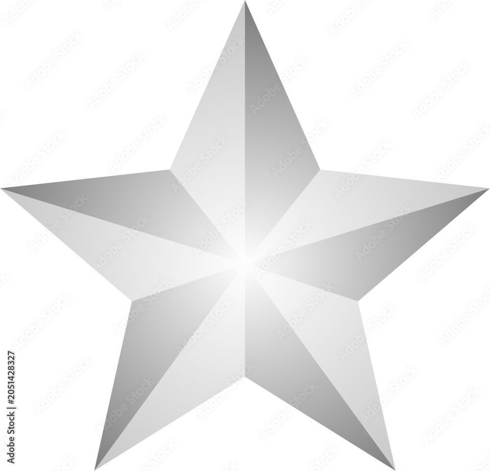 Fototapeta premium Three-dimensional five-point silver star vector icon with geometric facets, metallic gradient shading, and symmetrical shape. 3d star gradient