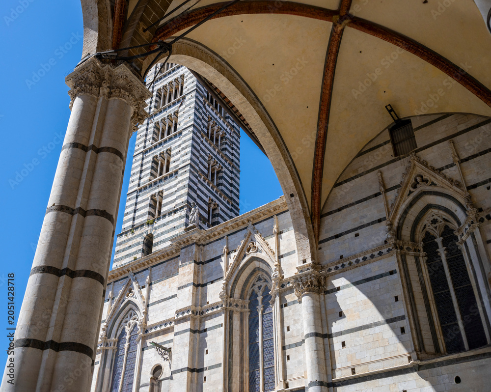 Fototapeta premium Detailfoto, Duomo di Siena, Romanisch Gotischer Dom mit Mosaiken, Piazza del Duomo, Siena, Toskana, Italien