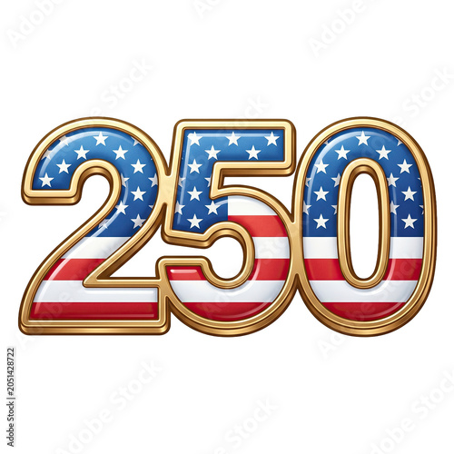 The number 250 with American flag pattern and gold border for USA semiquincentennial isolated on white background