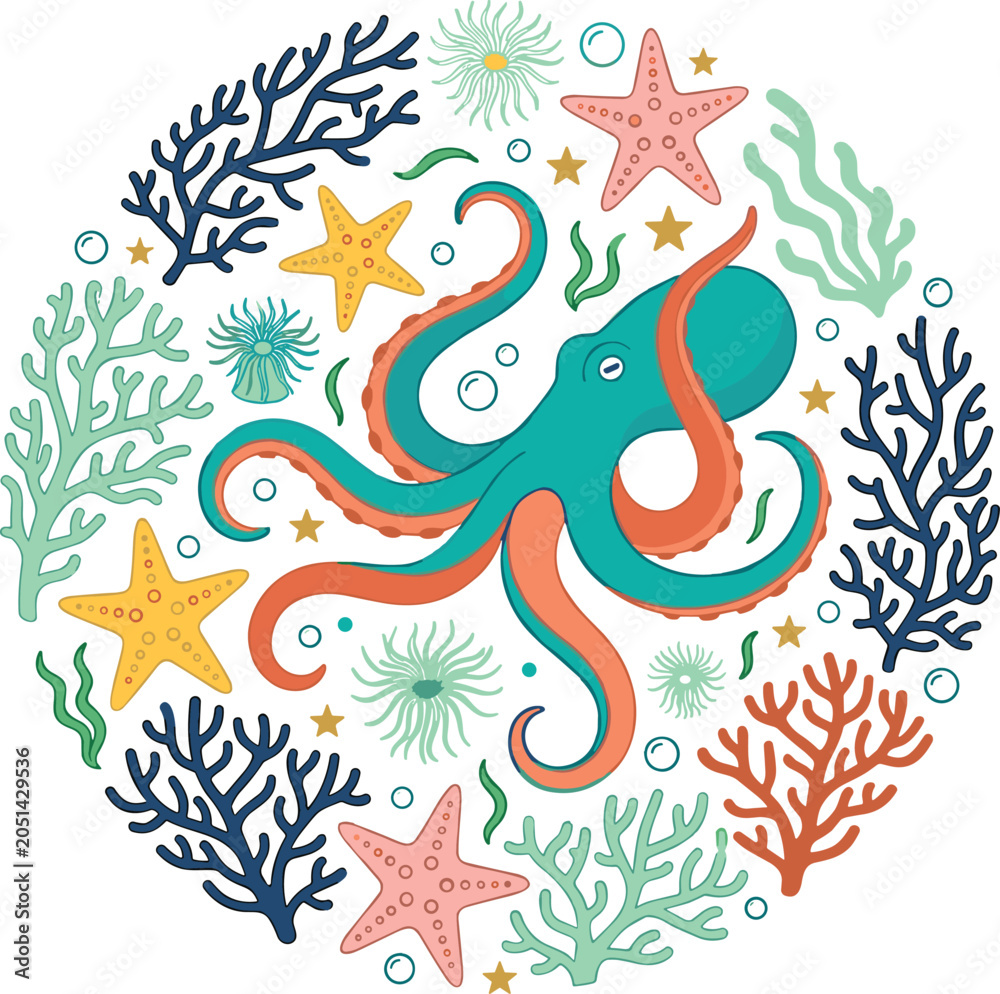Fototapeta premium Colorful Octopus and Coral Reef Illustration with Starfish, Sea Plants, and Marine Life Ocean Vector Design