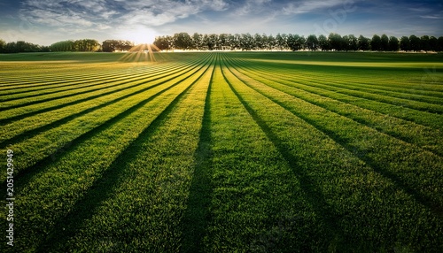 Tranquil Sunlit Striped Lawn Stretching To A Distant Dark Tree Line Vibrant Green Symmetry And Converging Perspective