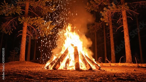 Bonfire, night, forest, fire, flames, sparks, burning wood, outdoor