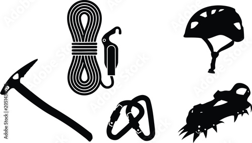 Bild auf Leinwand Mountaineering and ice climbing equipment vector icon collection with mountainee