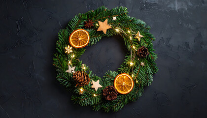 Handmade Christmas wreath with dried orange slices, pine cones, and star ornaments, adorned with warm fairy lights on a dark textured background