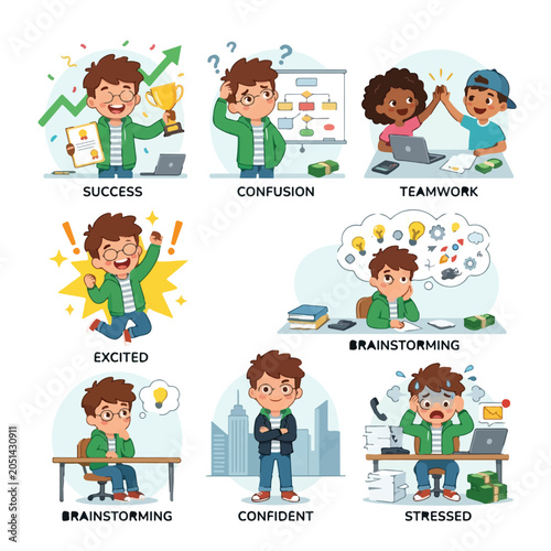 Illustrations covering a young person's business and emotional journey, including success, teamwork, problem-solving, confidence, excitement, stress management