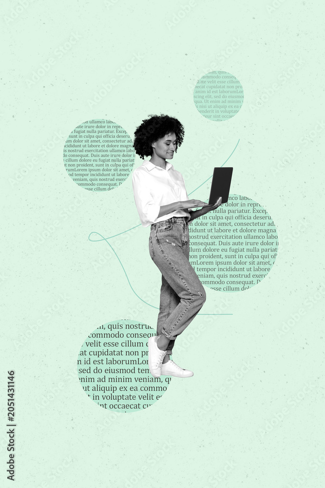 Naklejka premium Trend surreal collage of person use gadget stand on teal background with book page circle shape