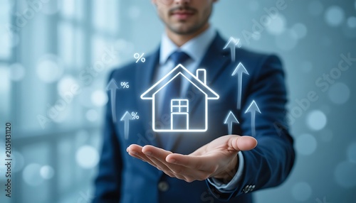 Businessman holding a glowing digital house icon with rising percentage symbols and arrows indicating real estate market growth, rising mortgage interest rates, investment appreciation, and property 