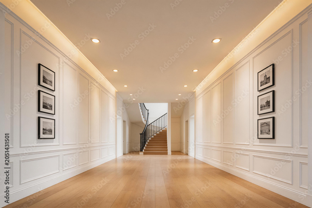 Fototapeta premium Modern spacious hallway with wooden flooring, white paneled walls, framed pictures, and a central staircase