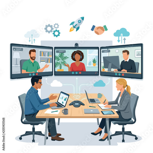 Professional Team Engages in Hybrid Business Collaboration, Seamlessly Blending Remote Video Conferencing with In-Person Meetings for Enhanced Communication and Innovation