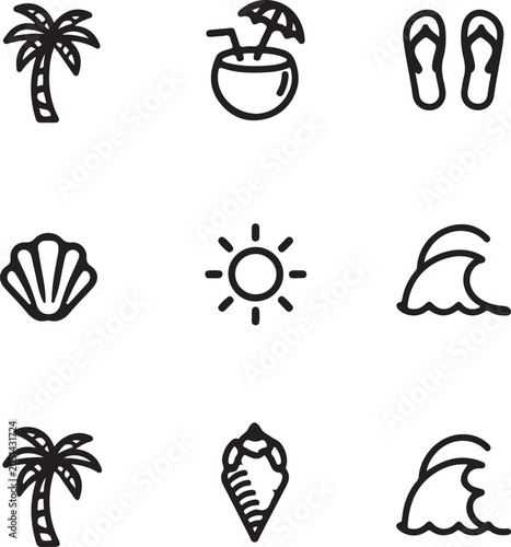 Flat beach vacation icons set with flip flops, palm tree, seashell, and sun