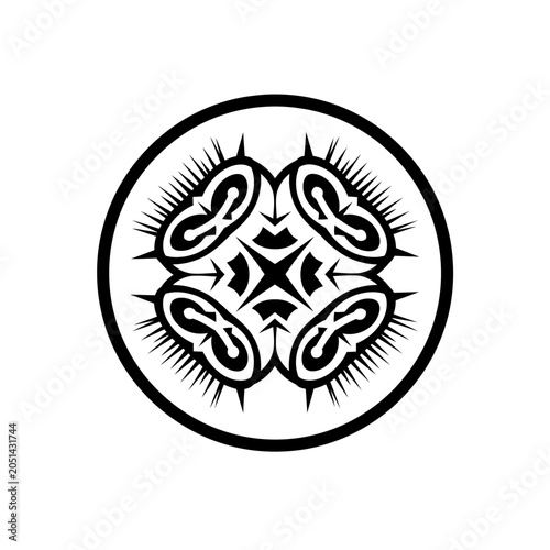 Black and white circular abstract symbol.