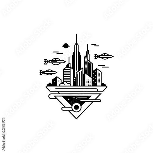 Black and white cityscape with skyscrapers.