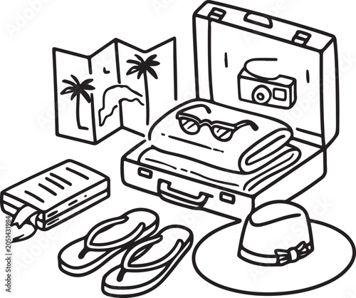 Cartoon suitcase packed for beach vacation with flip flops and travel items