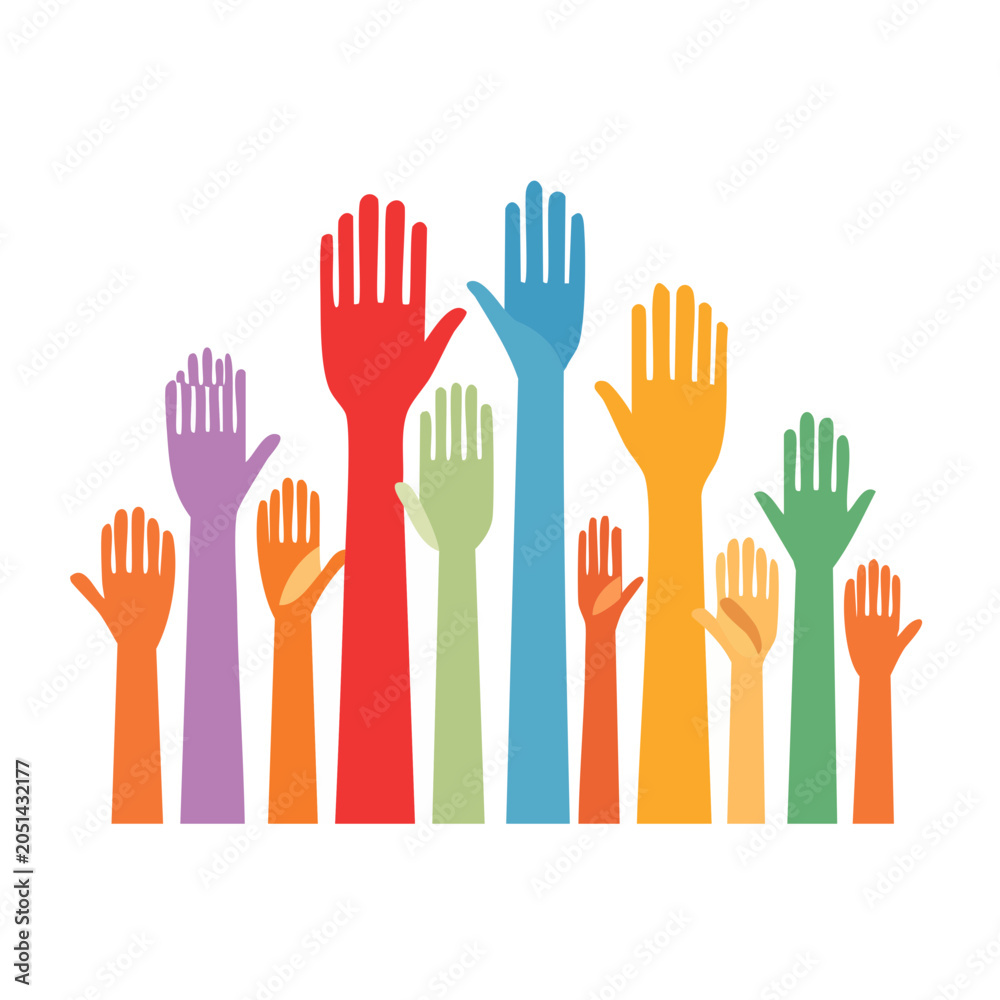 Fototapeta premium Colorful raised hands in flat design style
