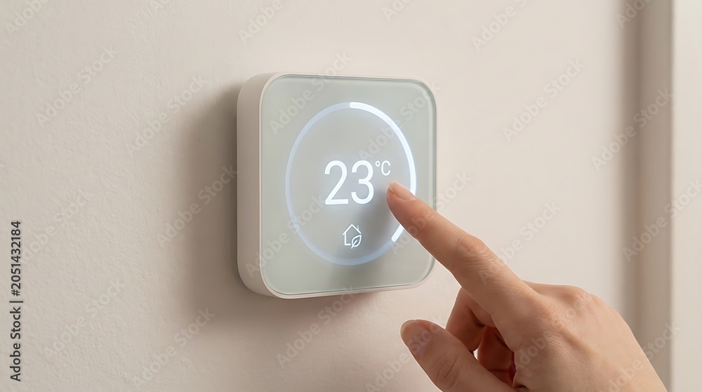Fototapeta premium Hand Adjusting Modern Digital Thermostat on White Wall with Temperature Display